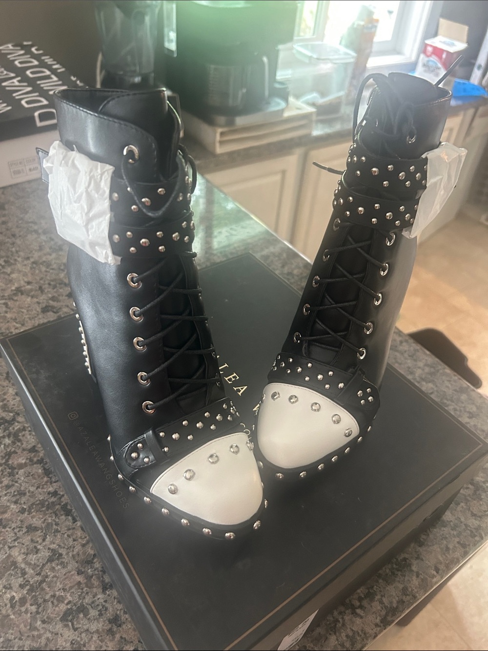 Black Lace-Up Women's Ankle Boots with White Studded Toe